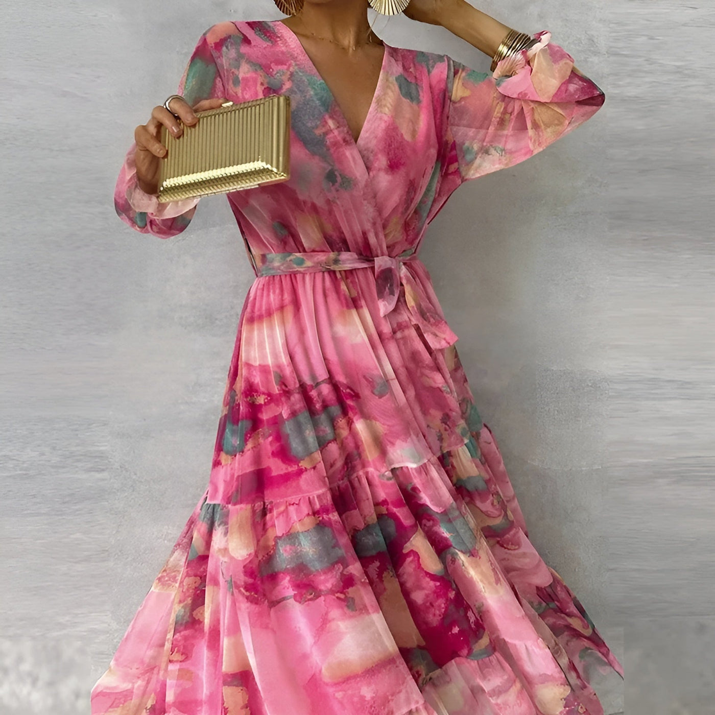 Floral Long Sleeve Wrap Tiered Chiffon Maxi Dress 6