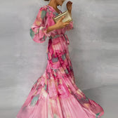 Floral Long Sleeve Wrap Tiered Chiffon Maxi Dress 11