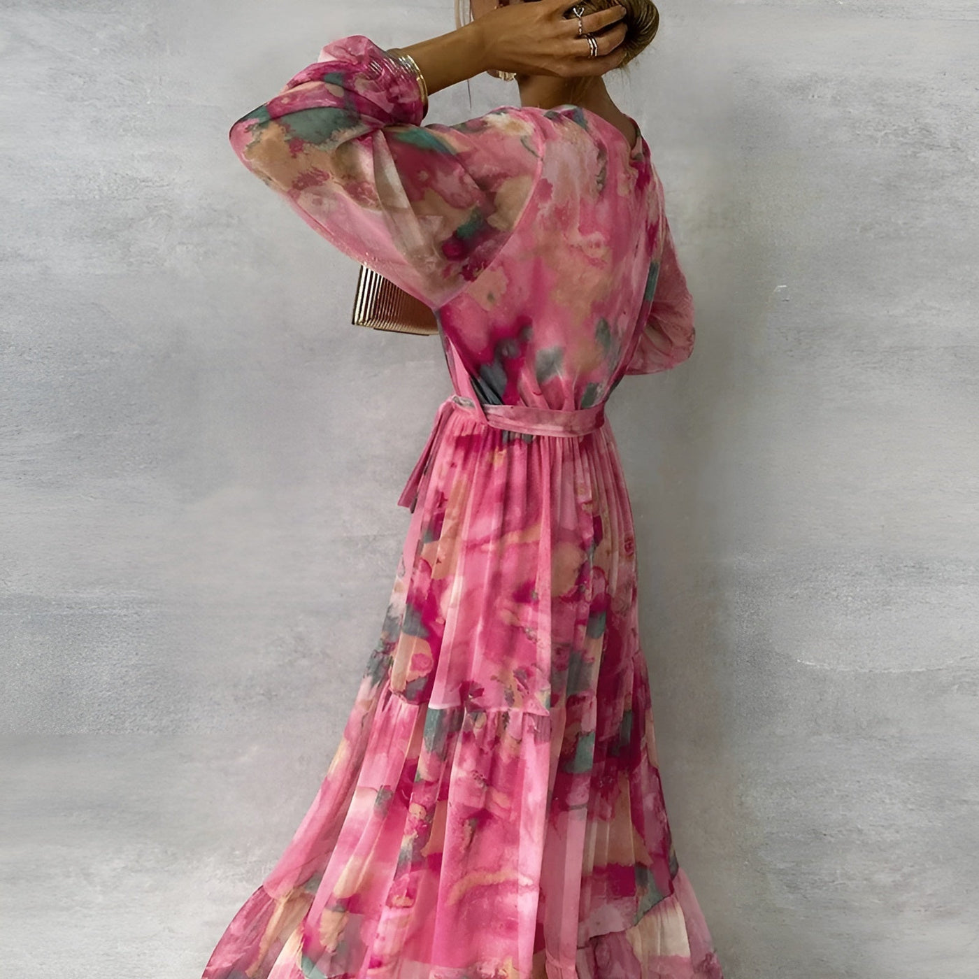 Floral Long Sleeve Wrap Tiered Chiffon Maxi Dress 12