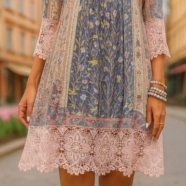 Floral Lace Trim V-Neck Button Front Mini Dress 3