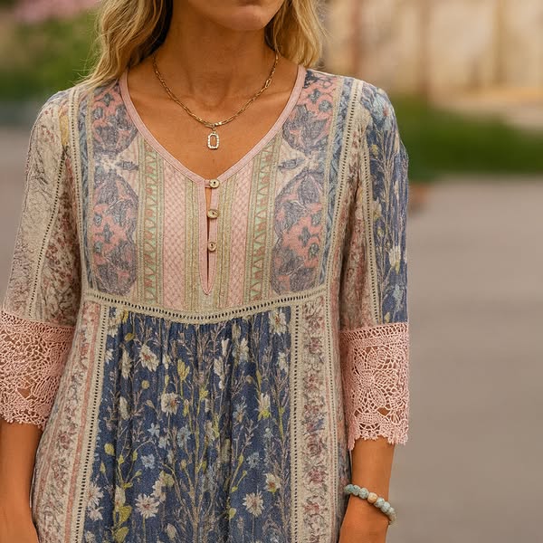 Floral Lace Trim V-Neck Button Front Mini Dress 2