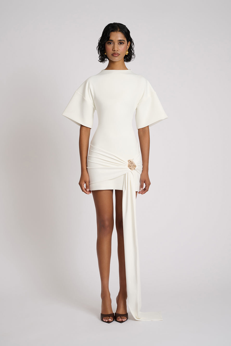 High Neck Short Sleeve Ruched Draped Mini Dress