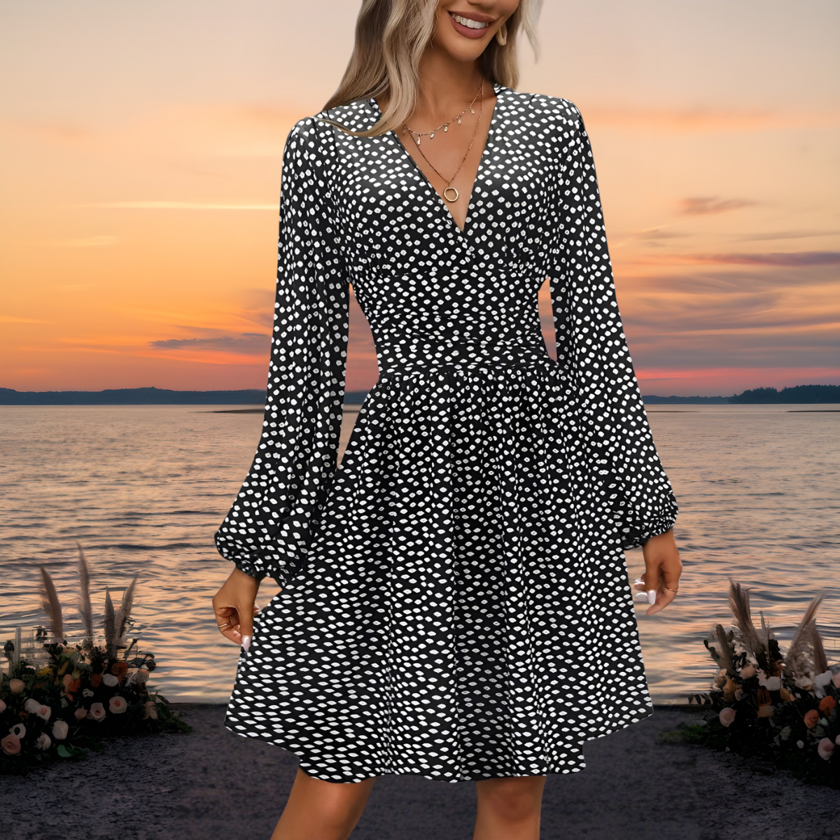 Polka Dot Wrap V-Neck Long Sleeve Fit and Flare Midi Dress