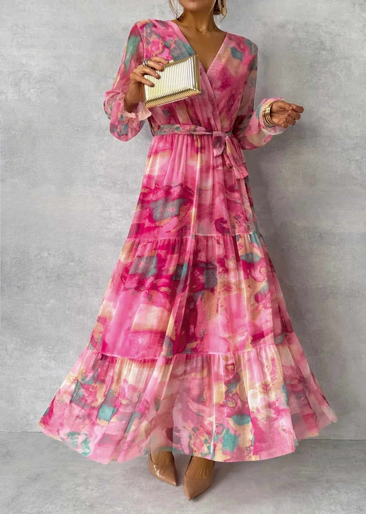 Watercolor Floral V-Neck Long Sleeve Tiered Maxi Dress
