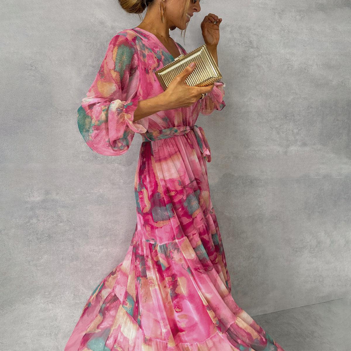 Floral Chiffon V-Neck Long Sleeve Tiered Belted Maxi Dress