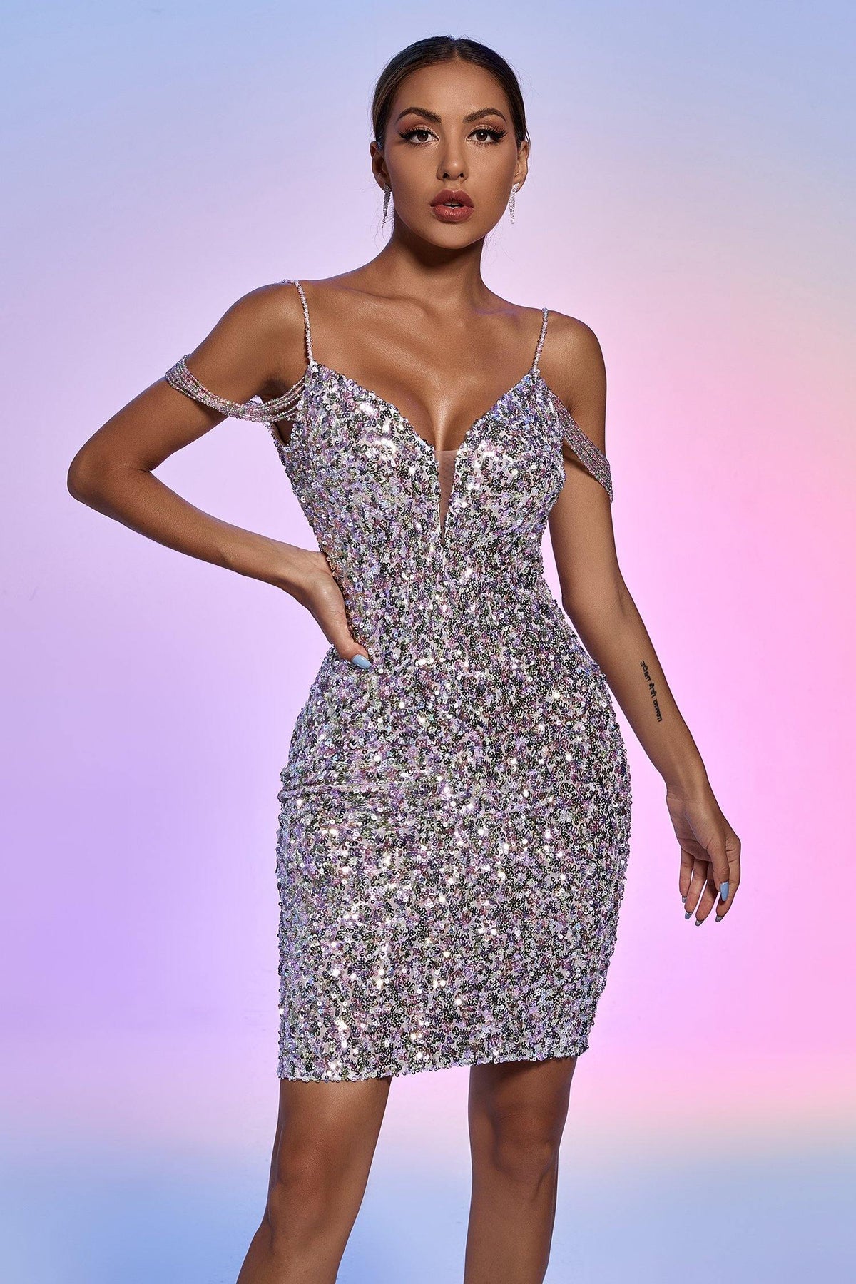 Sequin Cold Shoulder Chain Strap Plunge Bodycon Mini Dress 5