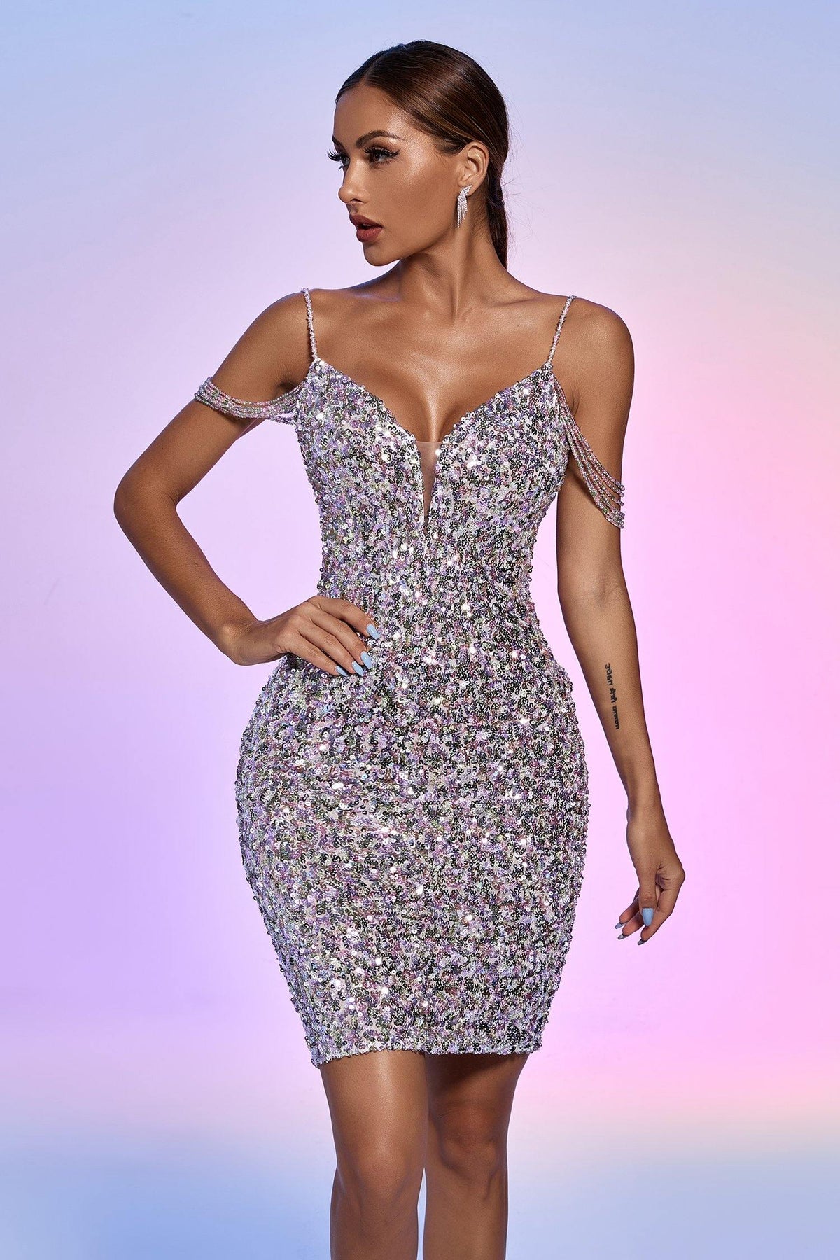 Sequin Cold Shoulder Chain Strap Plunge Bodycon Mini Dress 4