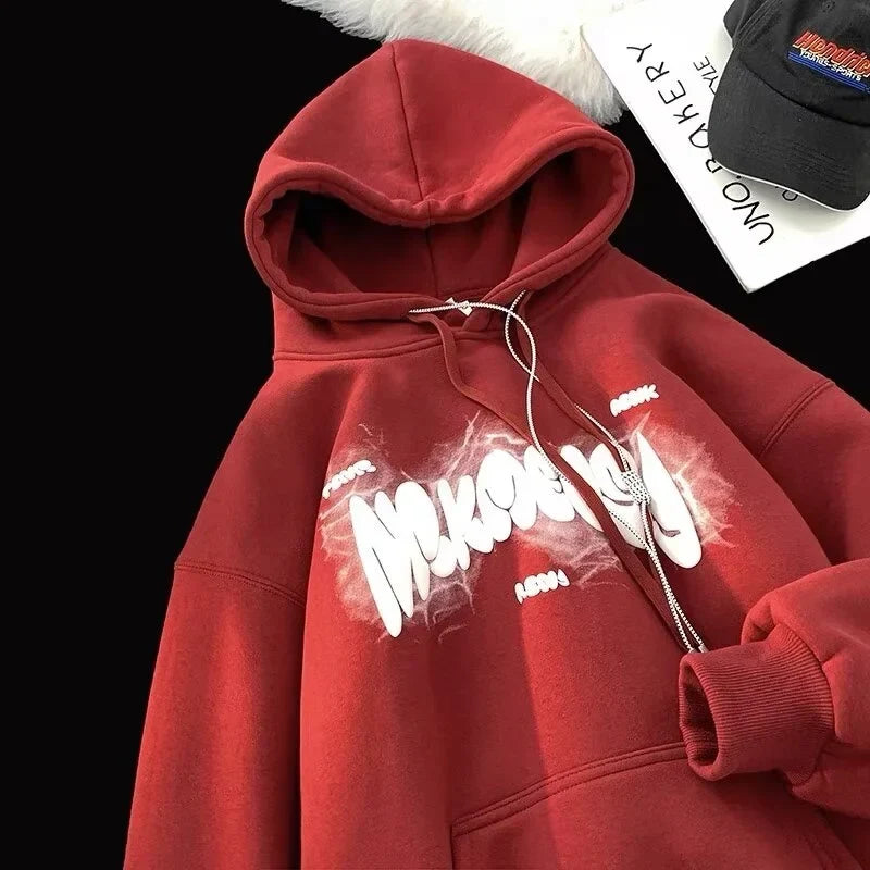Puff Graffiti Letter Lightning Print Fleece Pullover Hoodie