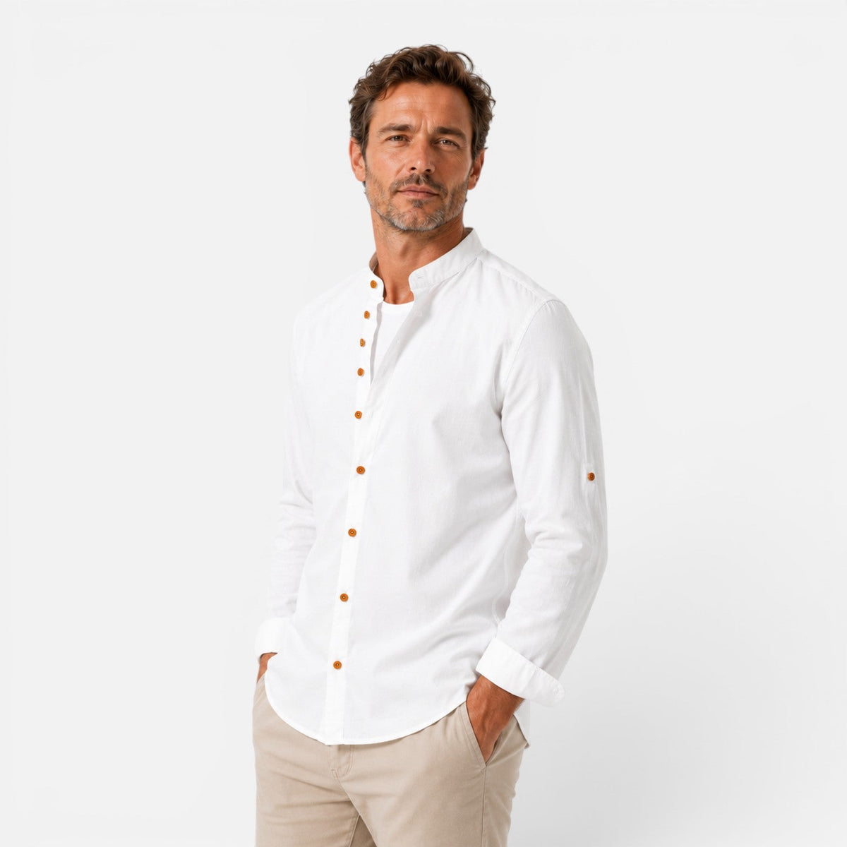 Men's Mandarin Collar Button Up Shirt Long Sleeve