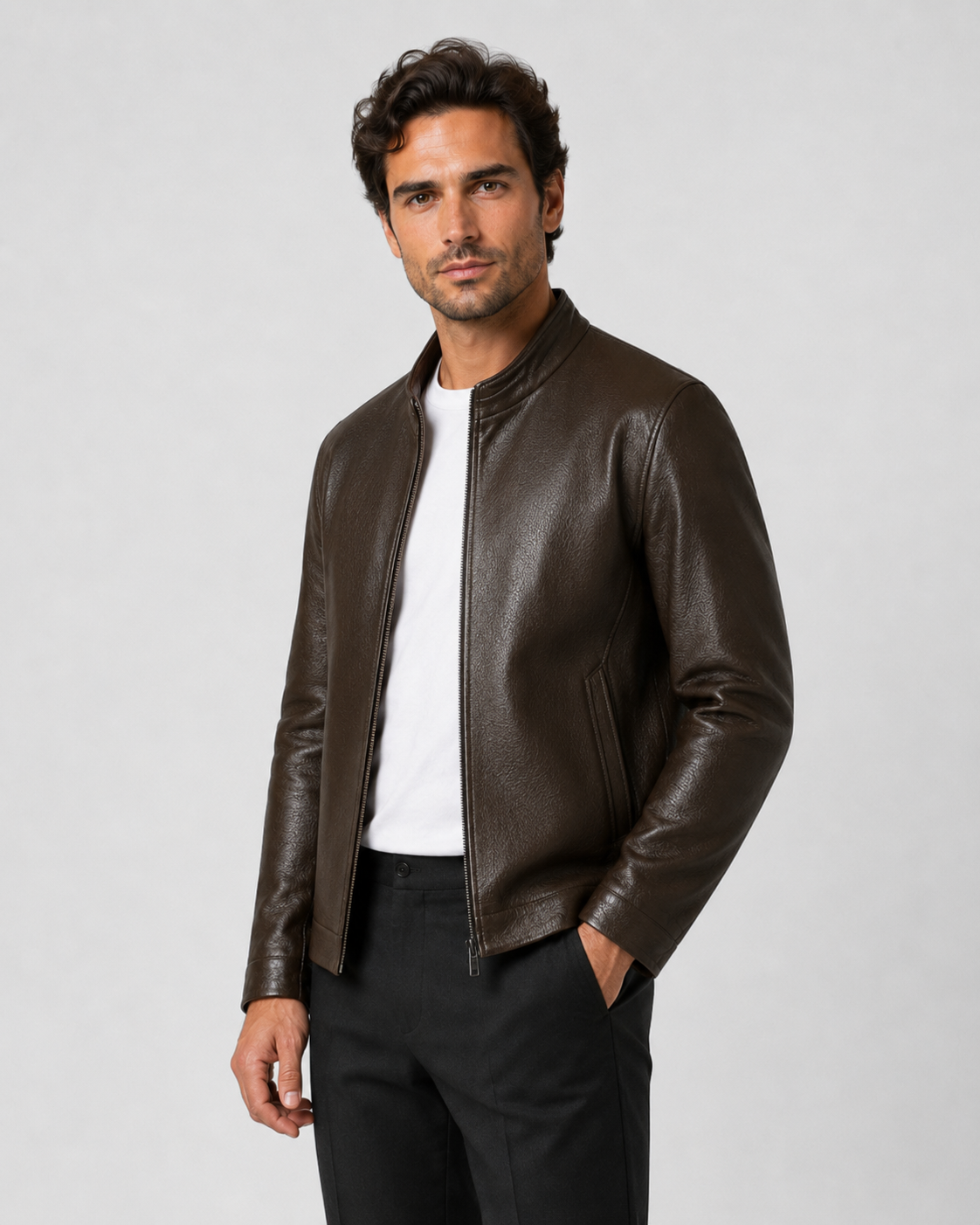 Men’s PU Leather Jacket – Stand Collar Zip Style