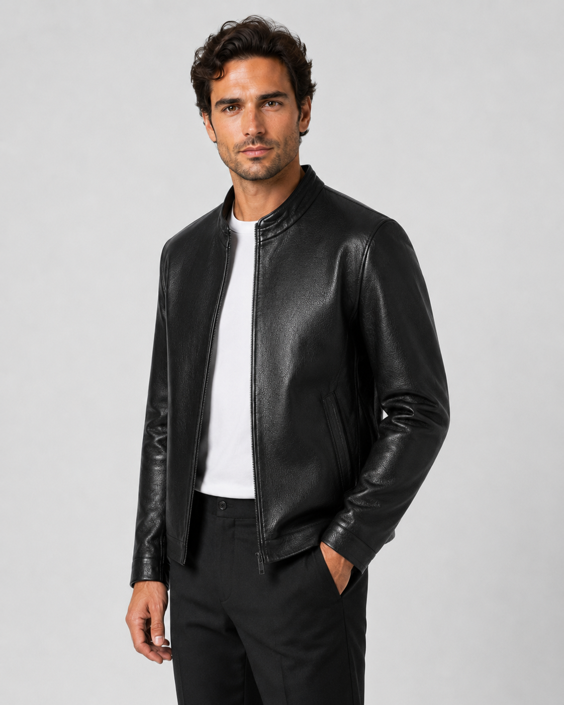 Men’s PU Leather Jacket – Stand Collar Zip Style