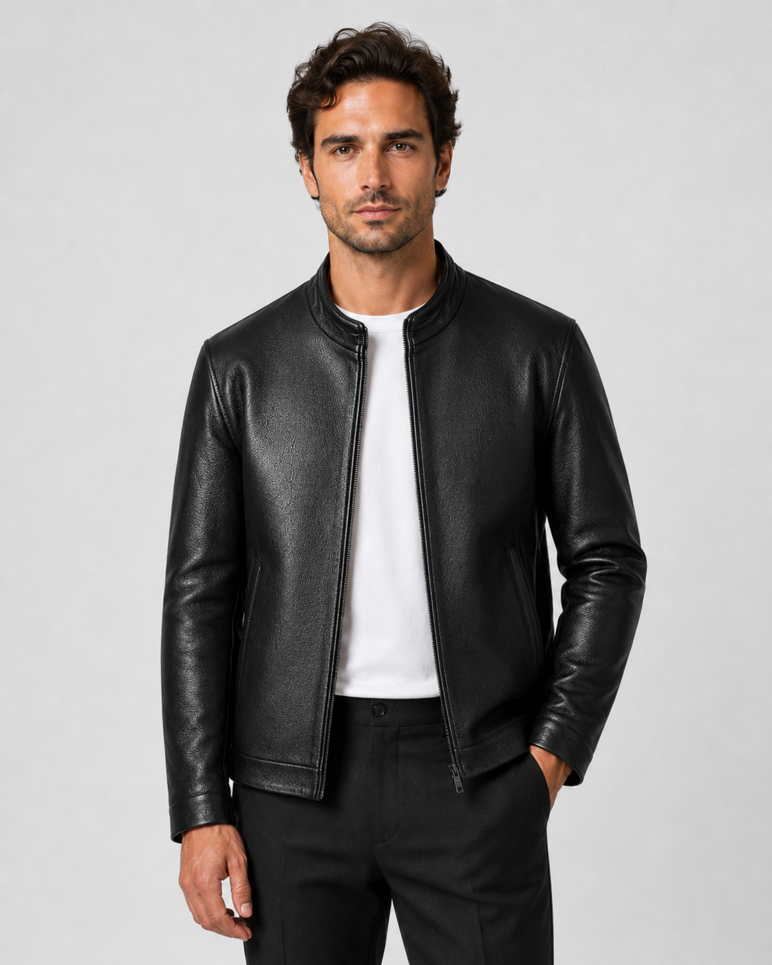 Men’s PU Leather Jacket – Stand Collar Zip Style