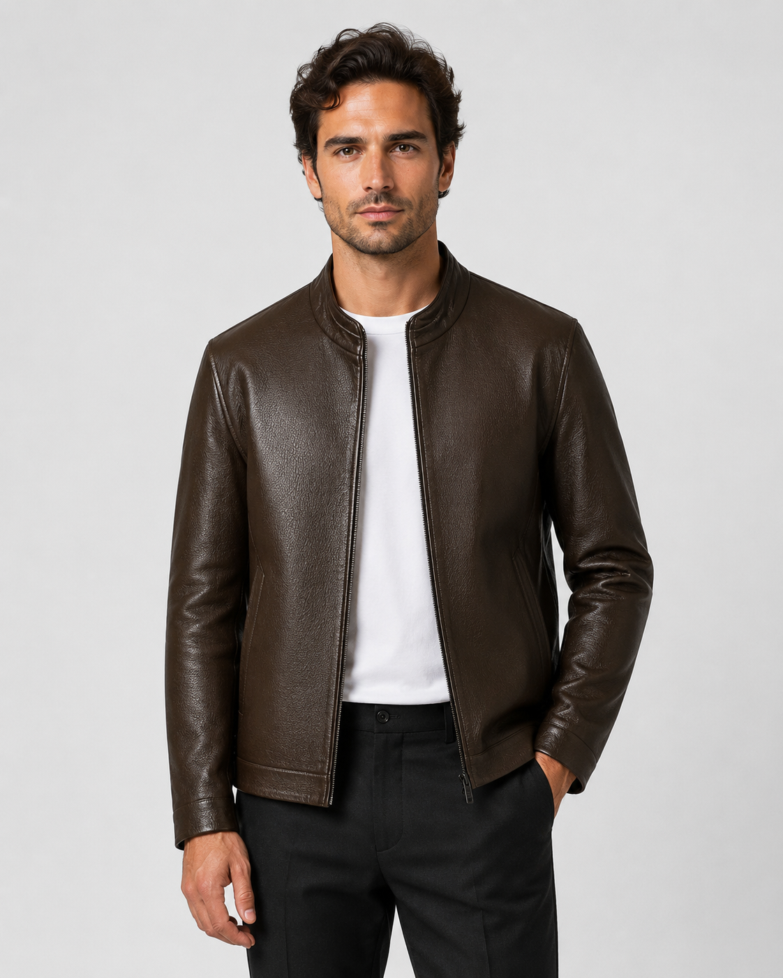 Men’s PU Leather Jacket – Stand Collar Zip Style