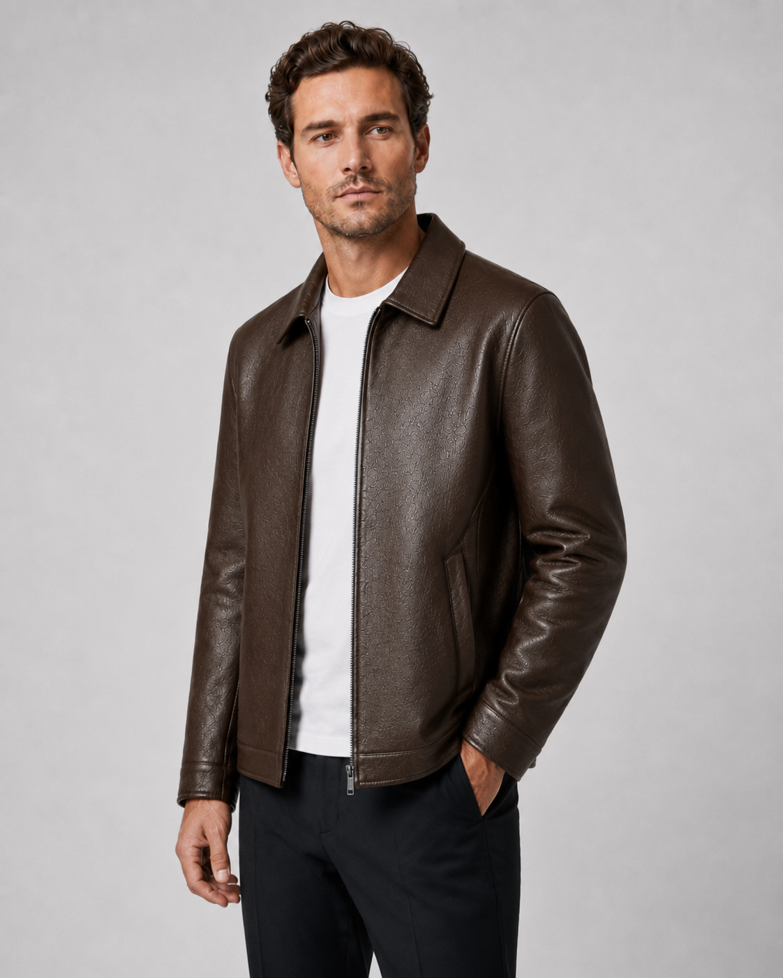 Men’s PU Leather Zip Jacket – Classic Collar Style