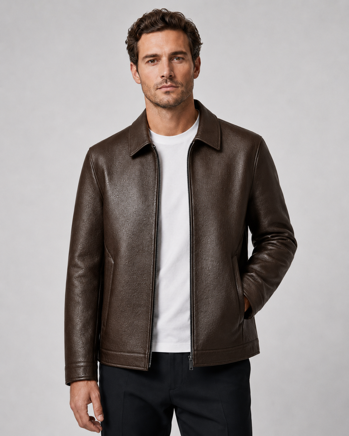 Men’s PU Leather Zip Jacket – Classic Collar Style