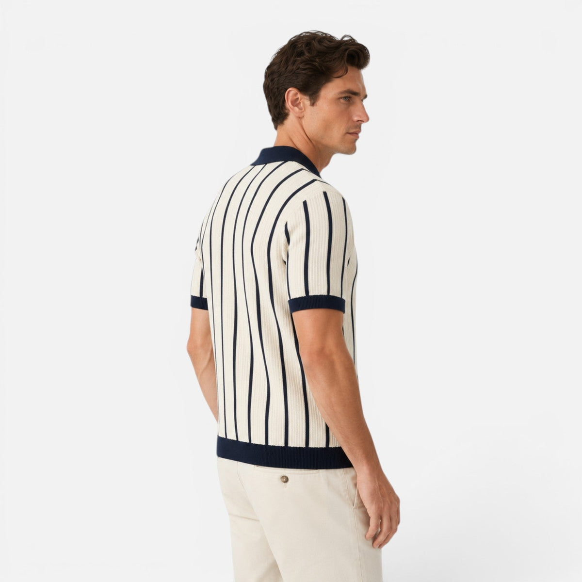 Men's Striped Knit Polo Shirt Short Sleeve Casual Top