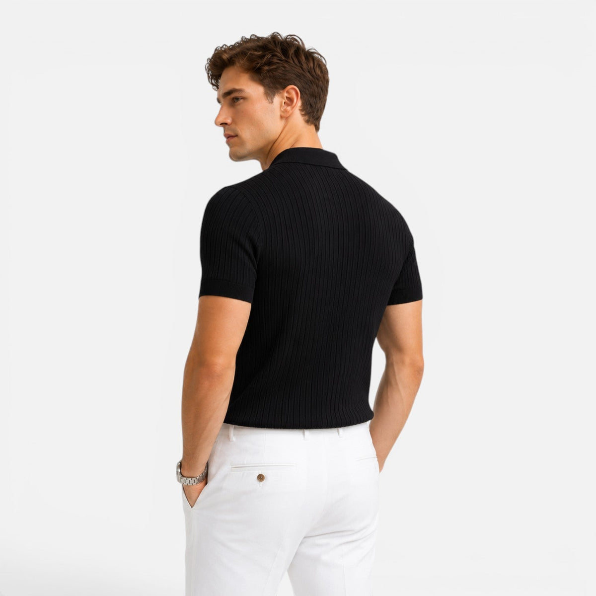 Men's Ribbed Knit Polo Shirt Short Sleeve Casual Summer Top