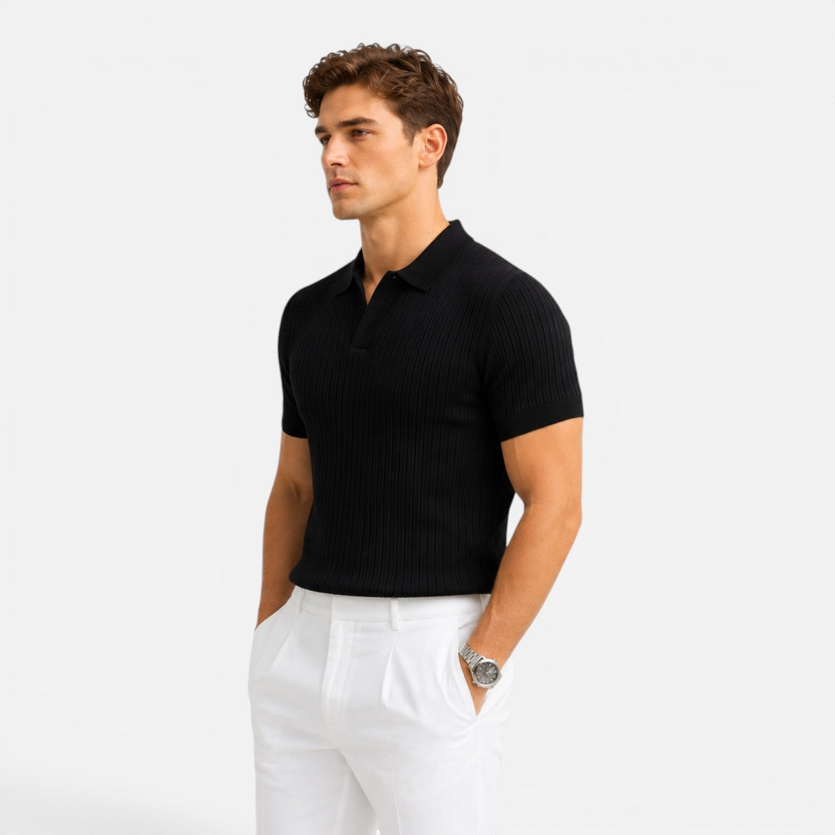 Men's Ribbed Knit Polo Shirt Short Sleeve Casual Summer Top