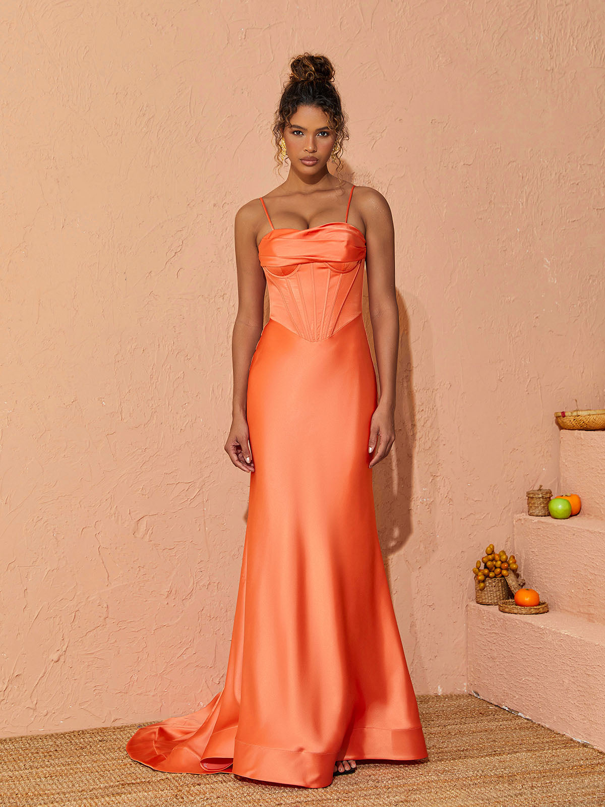 Meris Spaghetti Satin Maxi Dress In Orange 4