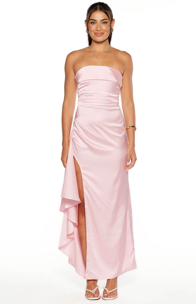 Satin Strapless Ruched Waist Draped High Split Formal Maxi Dress 2