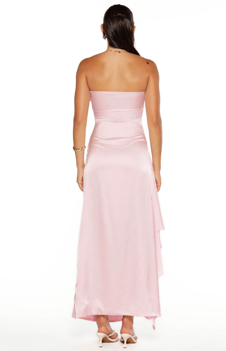 Satin Strapless Ruched Waist Draped High Split Formal Maxi Dress 6