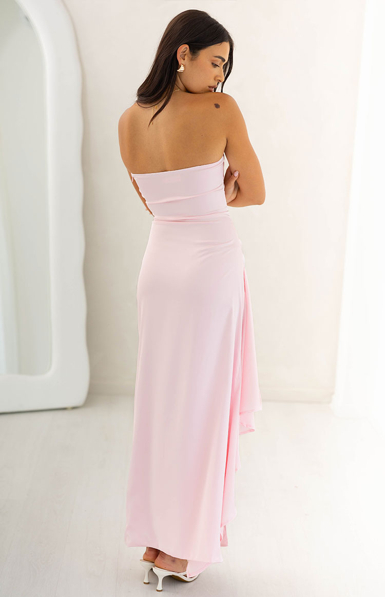 Satin Strapless Ruched Waist Draped High Split Formal Maxi Dress 3