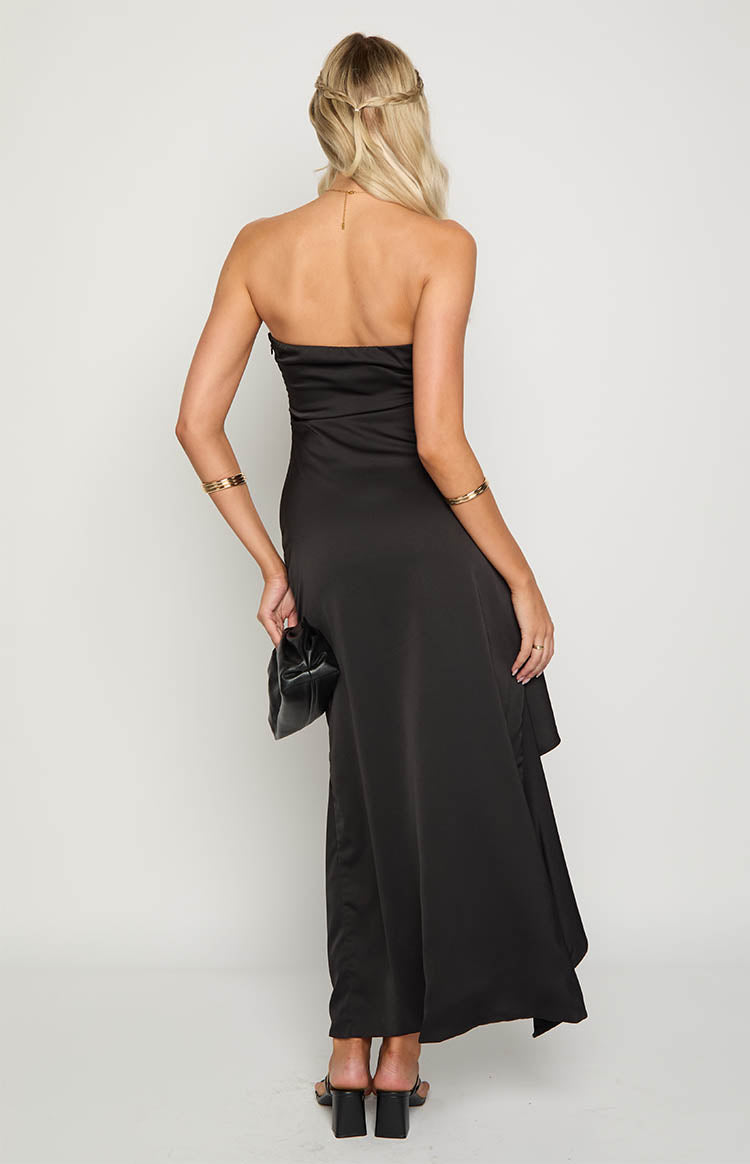 Satin Strapless Ruched High Split Cascade Ruffle Formal Maxi Dress 5