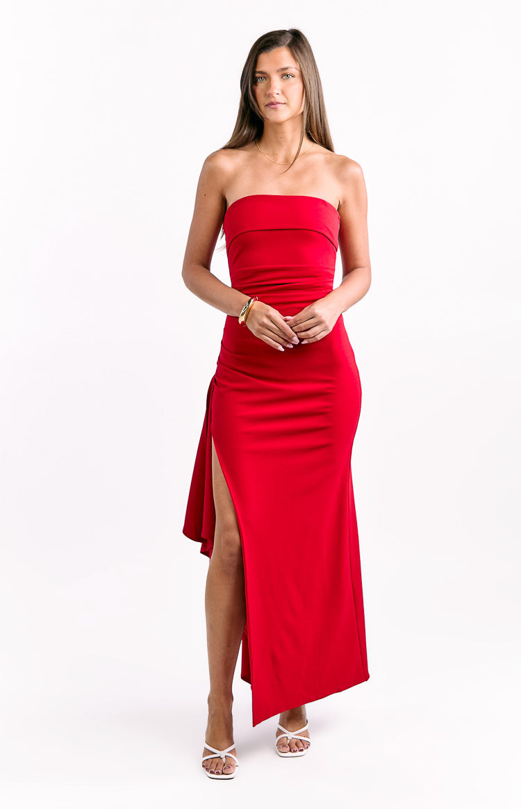 Strapless Ruched Bodice Ruffle Back Split Column Maxi Dress 3