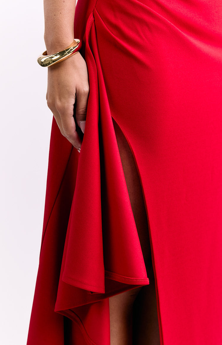 Strapless Ruched Bodice Ruffle Back Split Column Maxi Dress 6