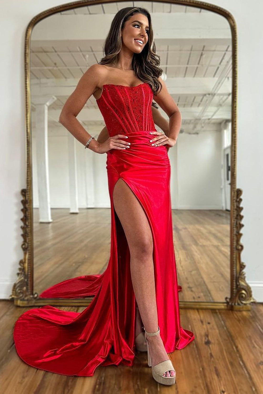 Mermaid Strapless Sweep Train Satin Prom Party Dress with Split