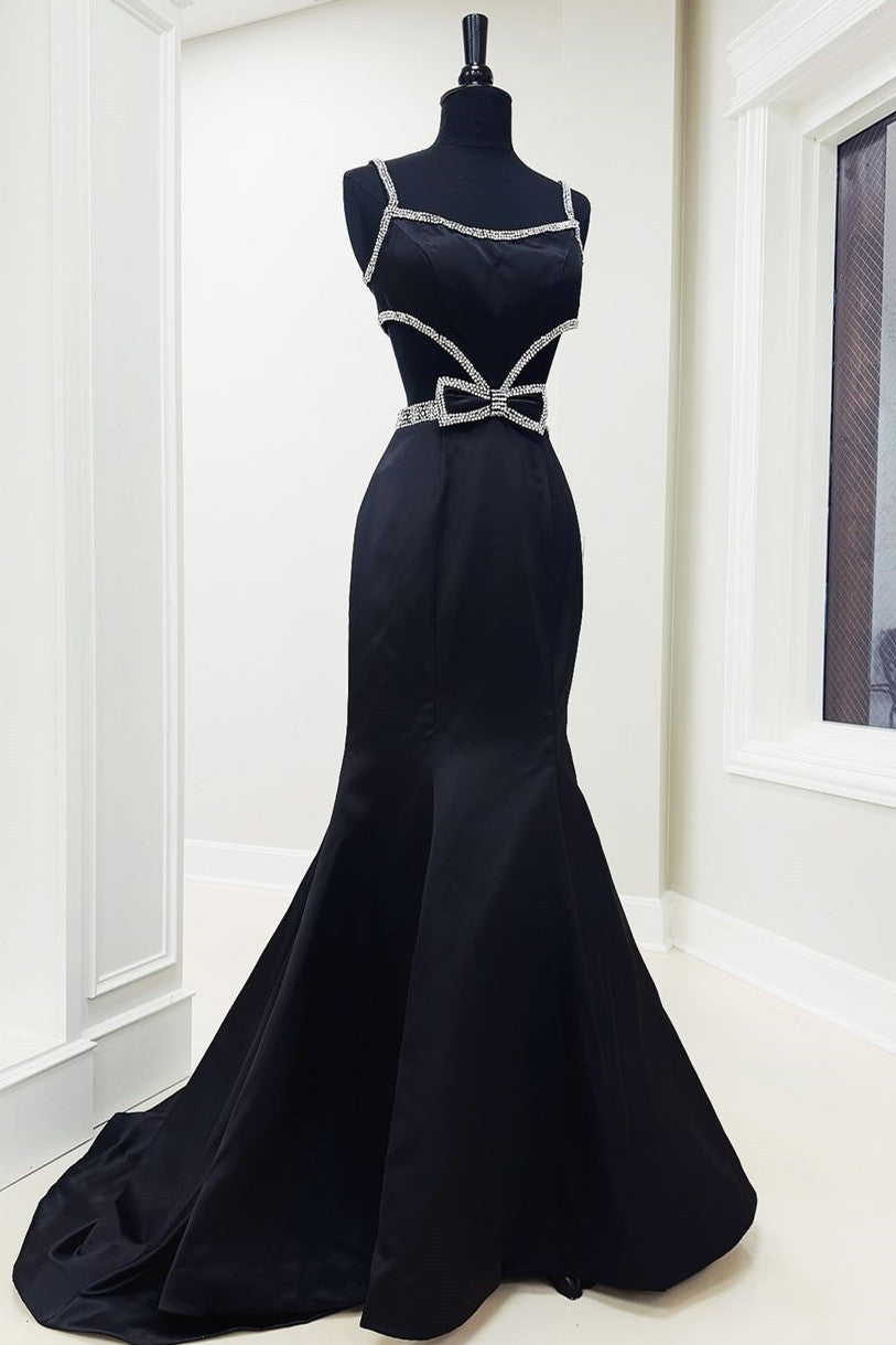 Mermaid Spaghetti Straps Cutout Waist Long Satin Prom Dress With Beading