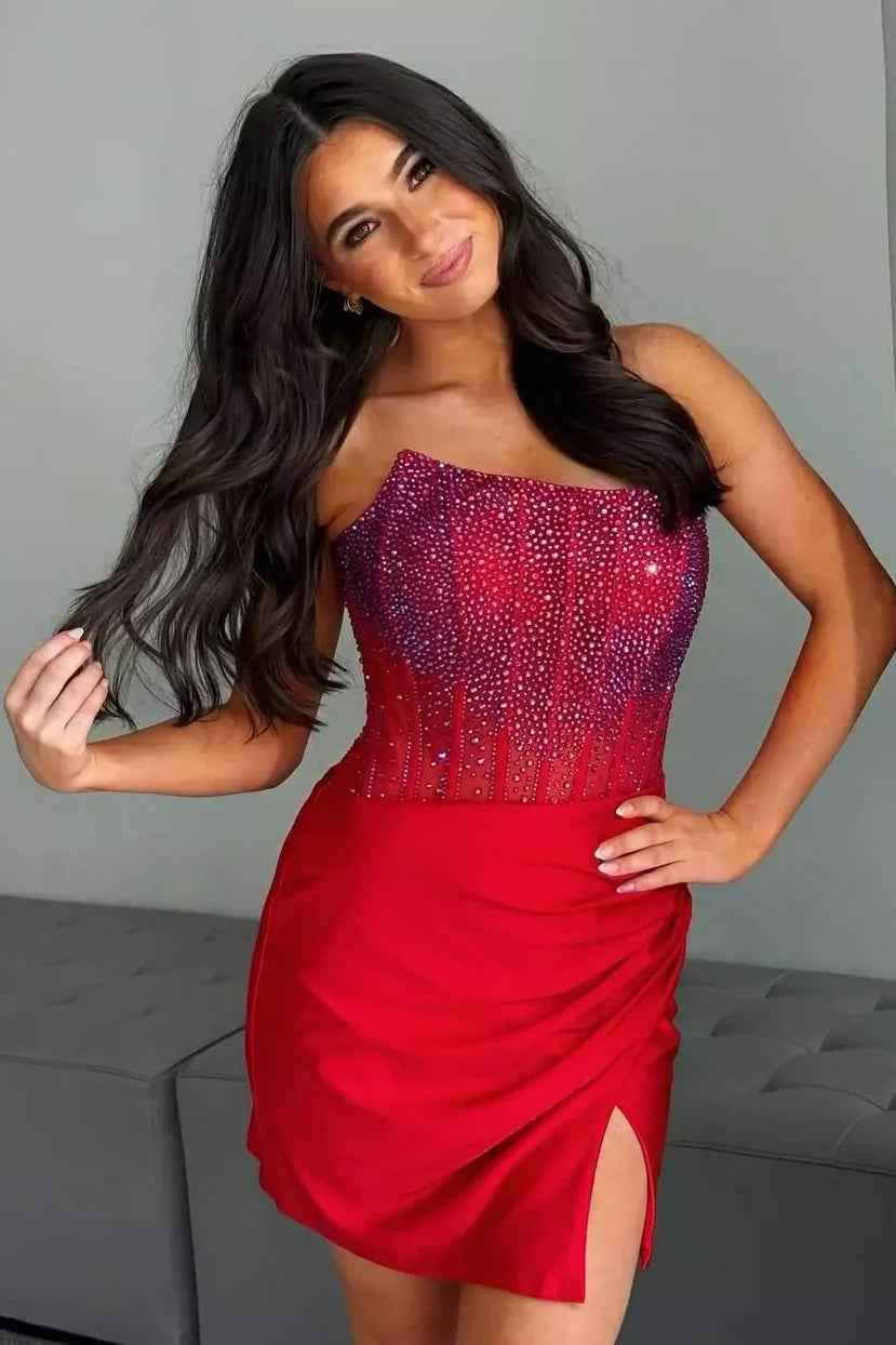 Hot Pink Mermaid Strapless Short Homecoming Dress with Beading and Slit