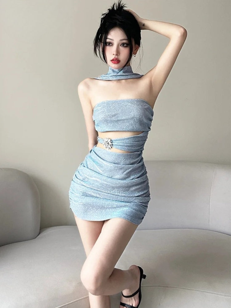 Glitter Strapless Cut Out Ruched Bodycon Mini Dress with Neck Scarf