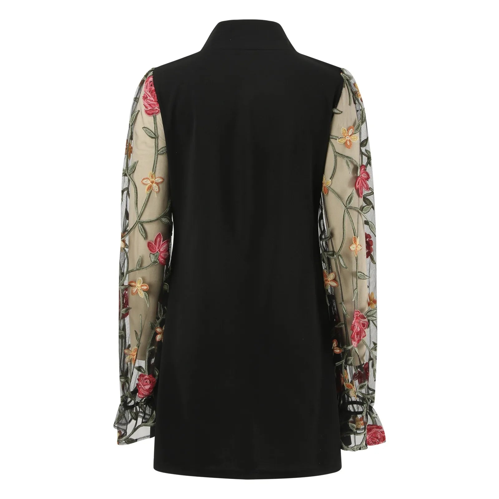 Mesh Floral Embroidery Mock Neck Lantern Sleeve Ruffle Cuff Mini Dress