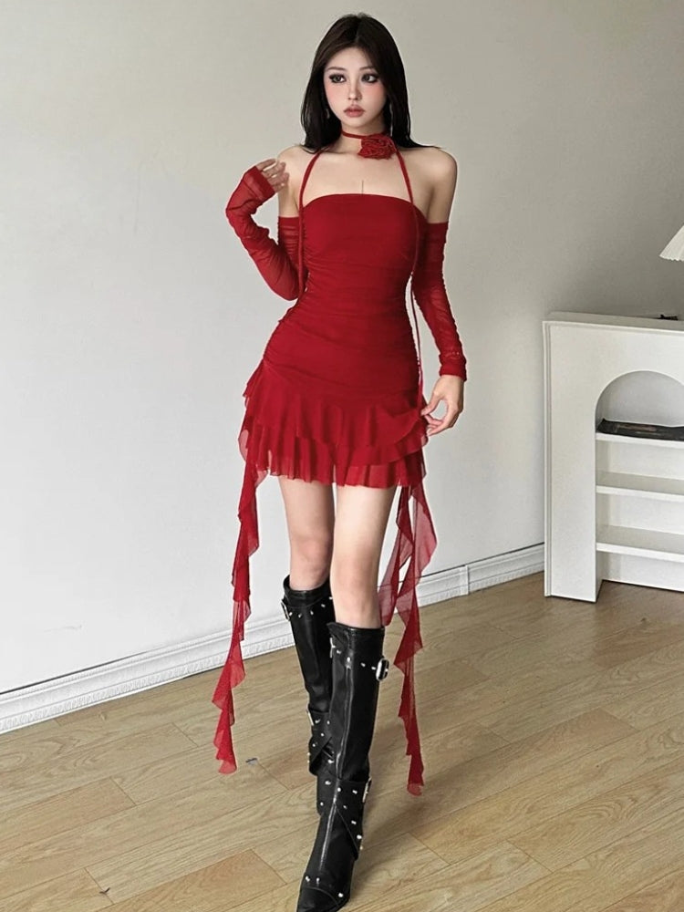 Mesh Strapless Ruched Tiered Ruffle Hem Bodycon Mini Dress with Gloves 3