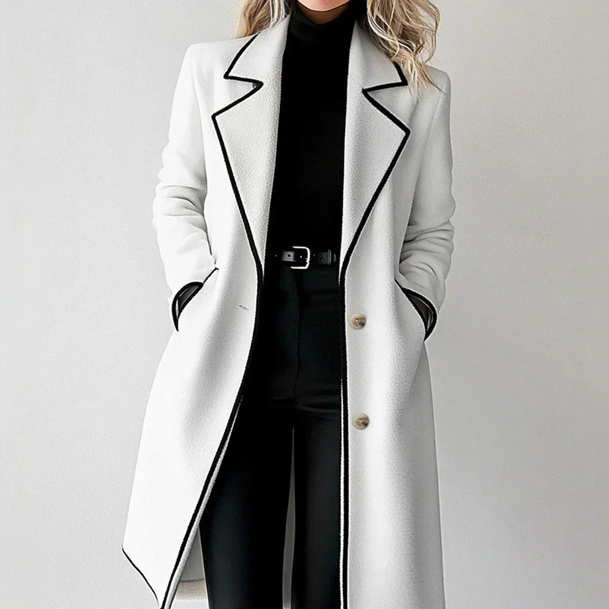 Striped Lapel Full Sleeve Woolen Overcoat White / S