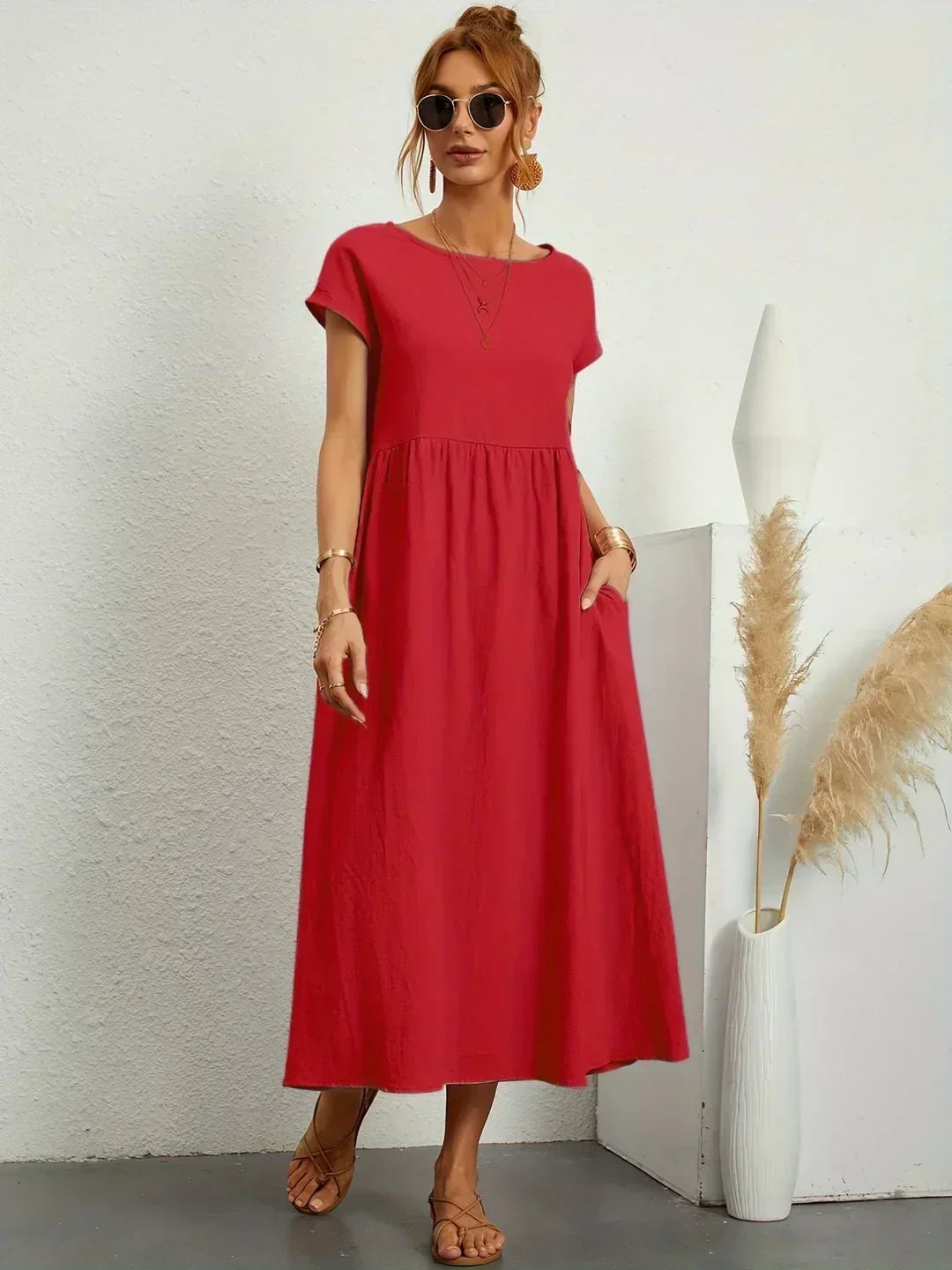 Round Neck Cap Sleeve Pocket A-Line Midi Dress