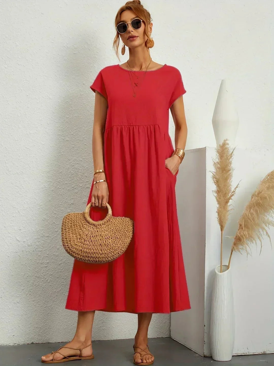 Round Neck Cap Sleeve Pocket A-Line Midi Dress