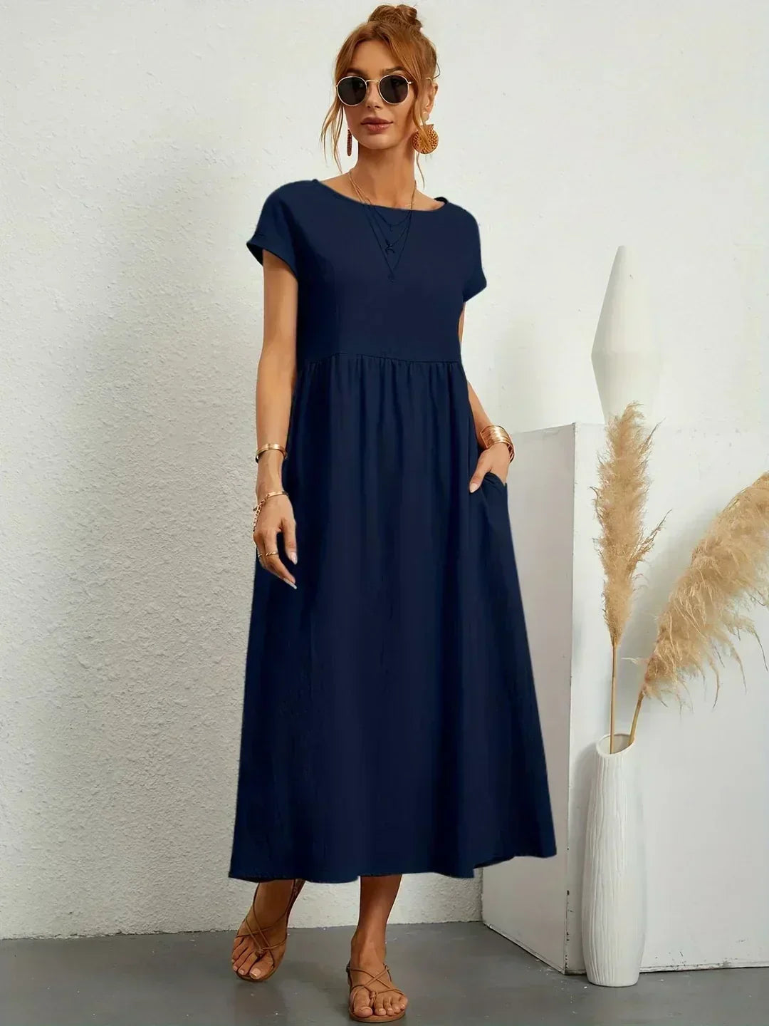 Round Neck Cap Sleeve Pocket A-Line Midi Dress