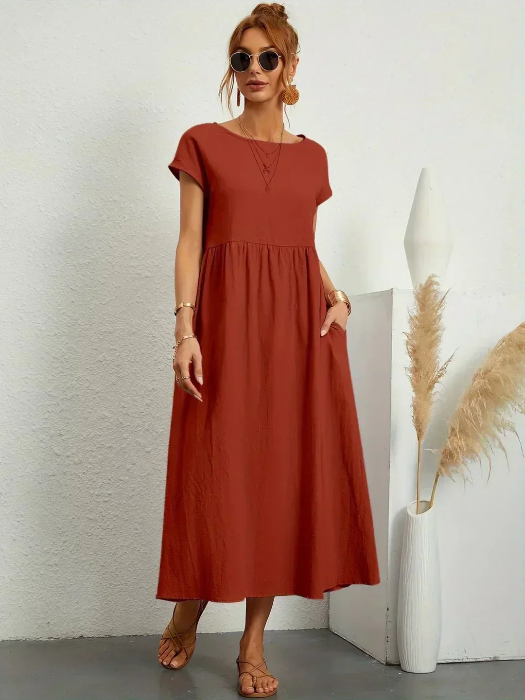 Round Neck Cap Sleeve Pocket A-Line Midi Dress