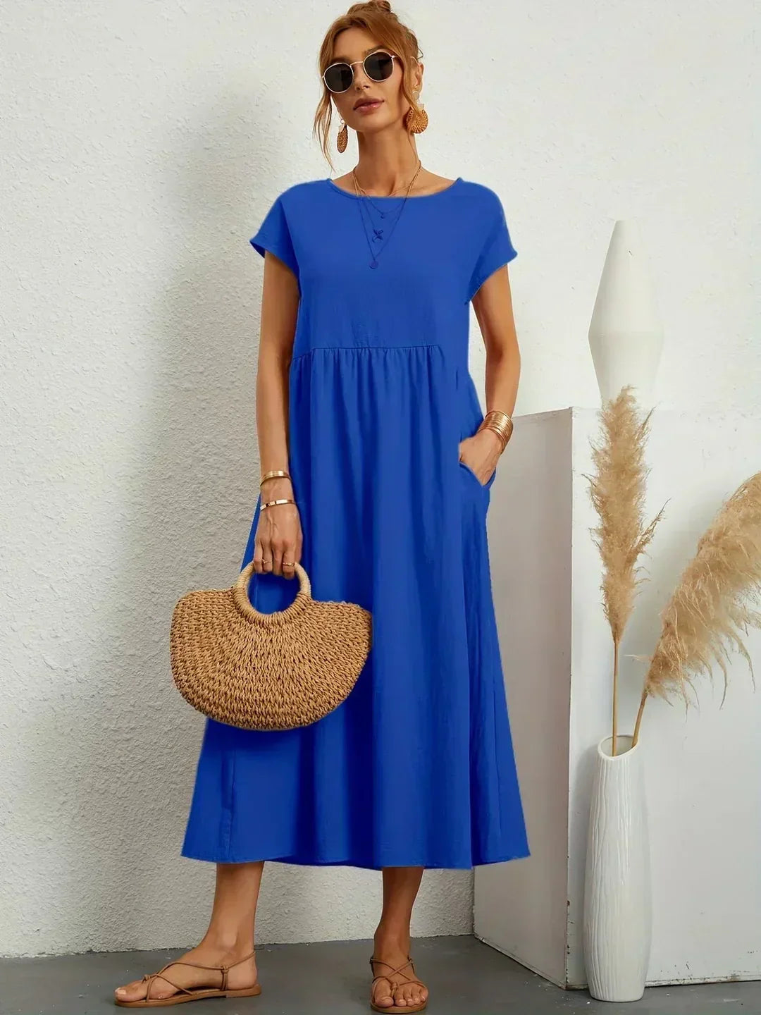 Round Neck Cap Sleeve Pocket A-Line Midi Dress
