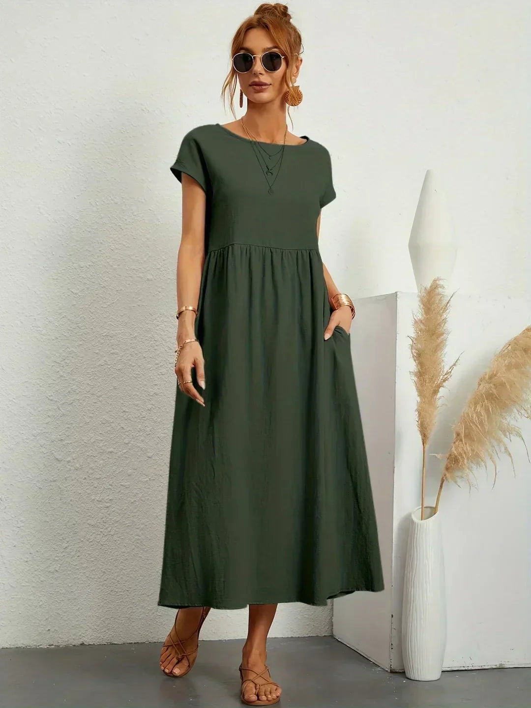 Round Neck Cap Sleeve Pocket A-Line Midi Dress