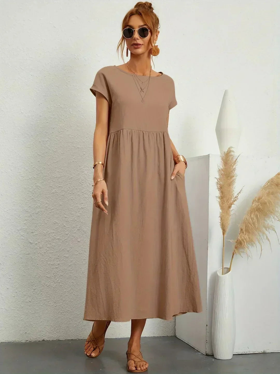 Round Neck Cap Sleeve Pocket A-Line Midi Dress