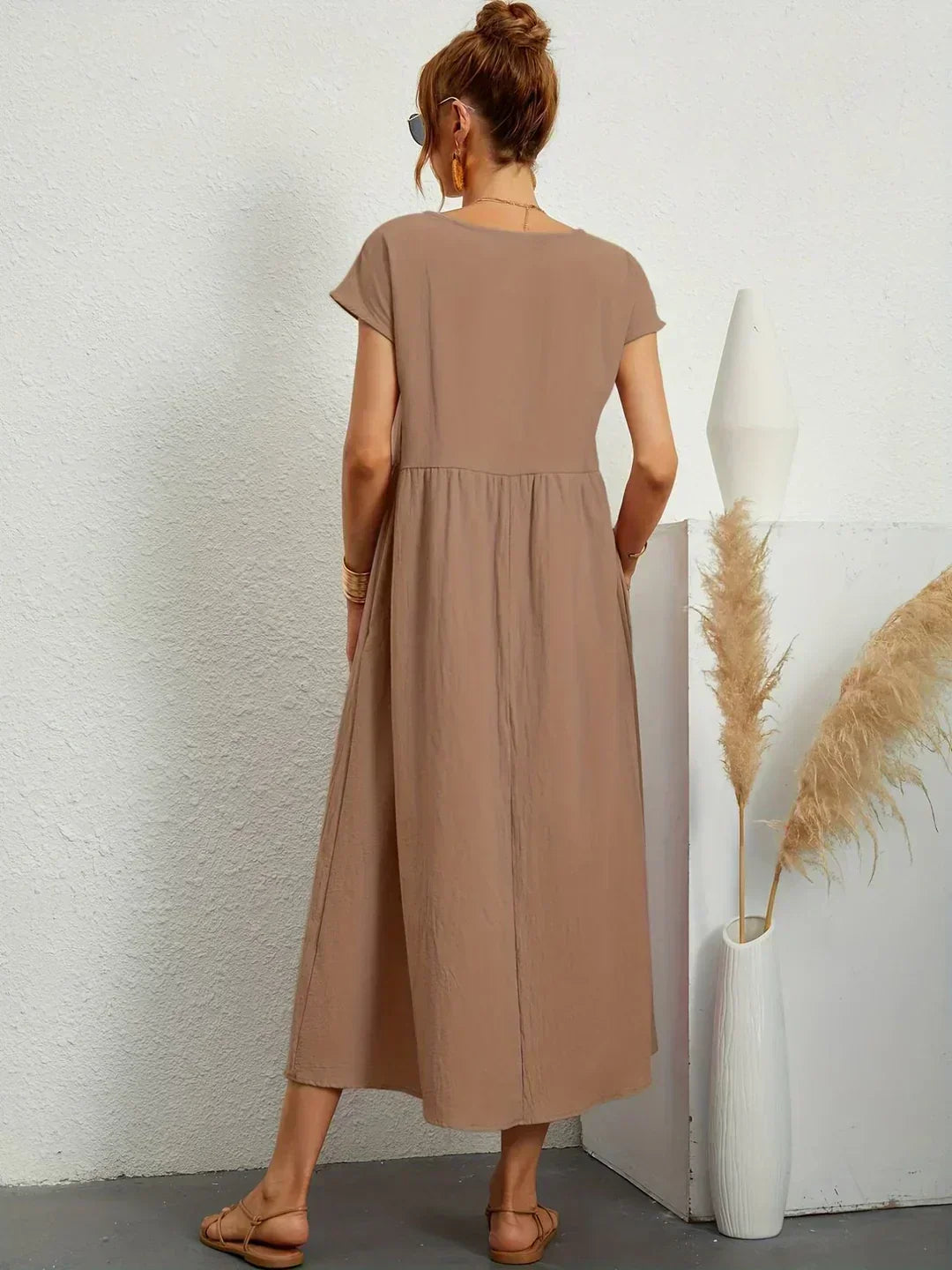 Round Neck Cap Sleeve Pocket A-Line Midi Dress