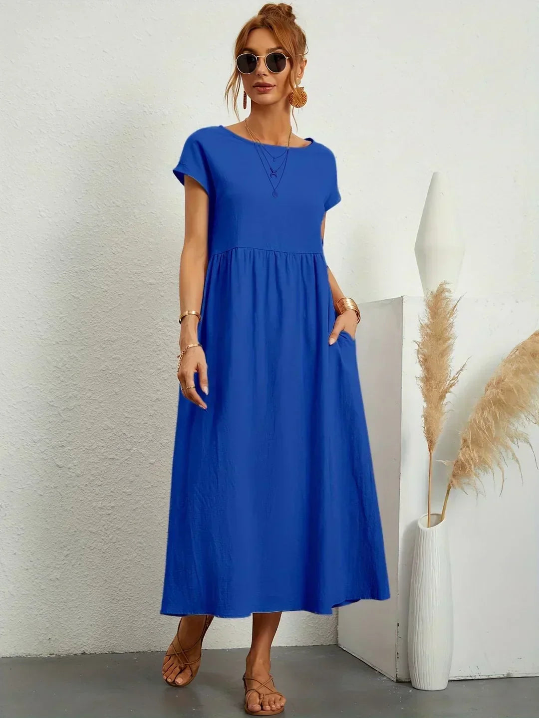 Round Neck Cap Sleeve Pocket A-Line Midi Dress