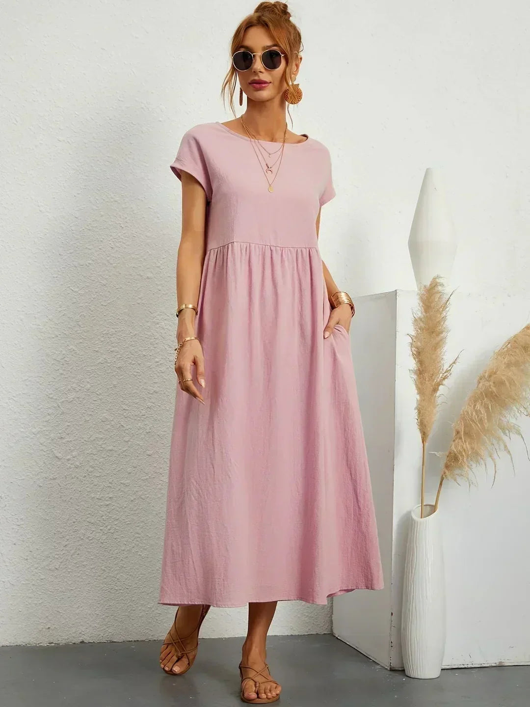 Round Neck Cap Sleeve Pocket A-Line Midi Dress