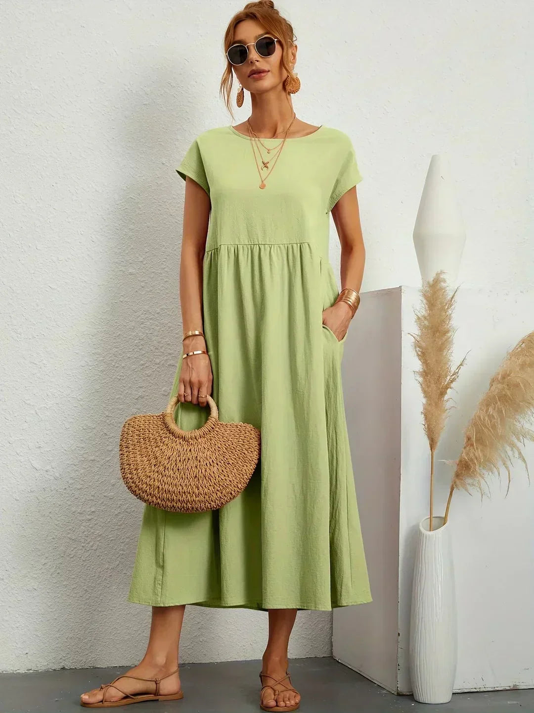 Round Neck Cap Sleeve Pocket A-Line Midi Dress