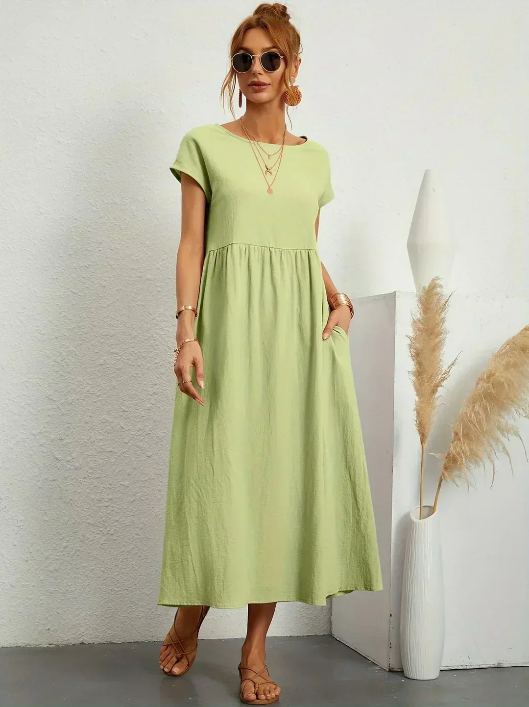 Round Neck Cap Sleeve Pocket A-Line Midi Dress