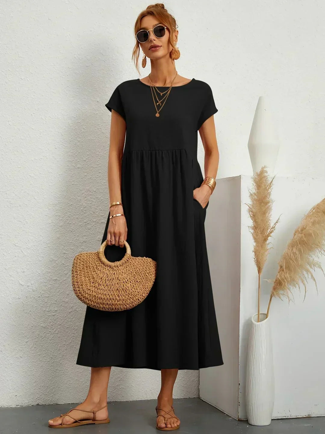 Round Neck Cap Sleeve Pocket A-Line Midi Dress