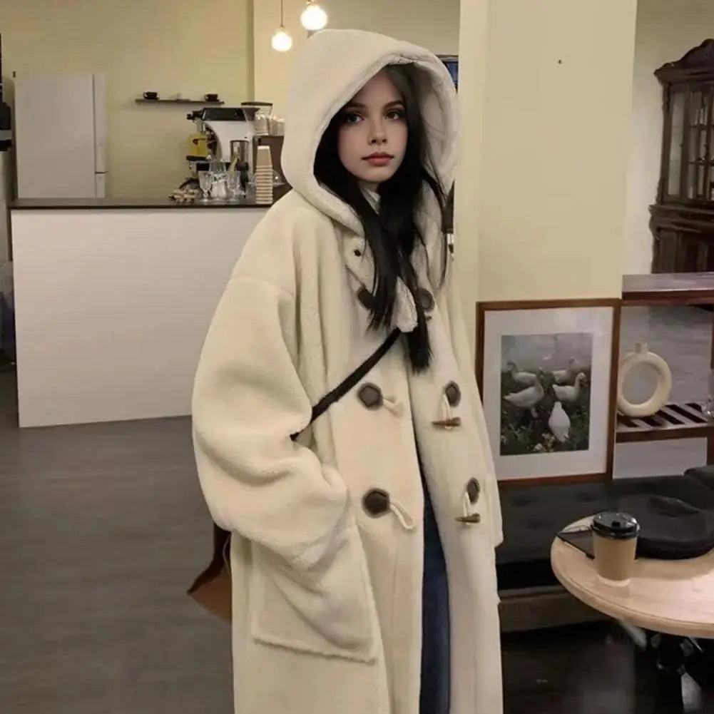 Hooded Toggle Button Teddy Fleece Longline Duffle Coat